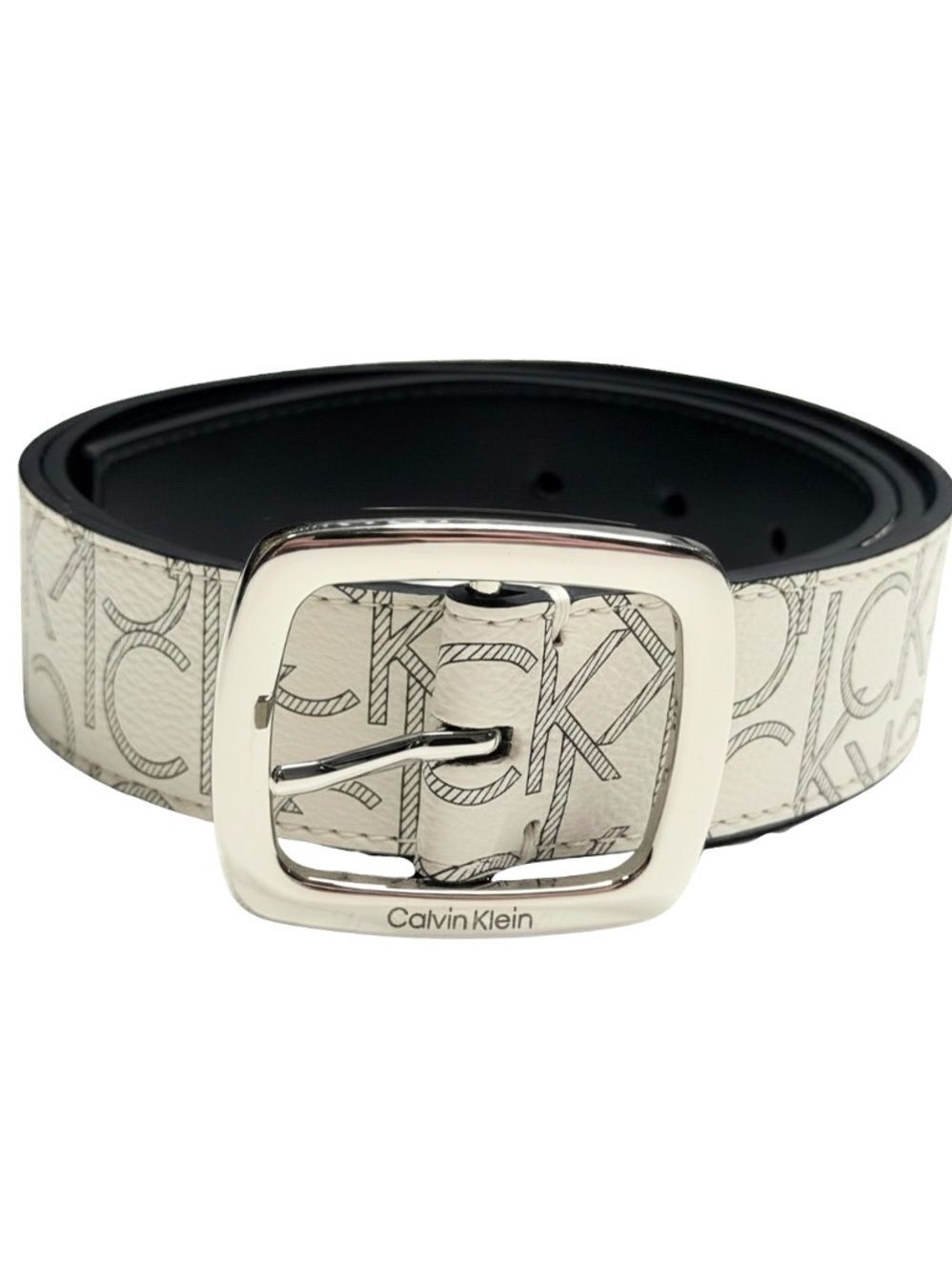 Calvin Klein Monogram Logo Belt Cream Black Silver Buckle Quiet Luxury CK Size L